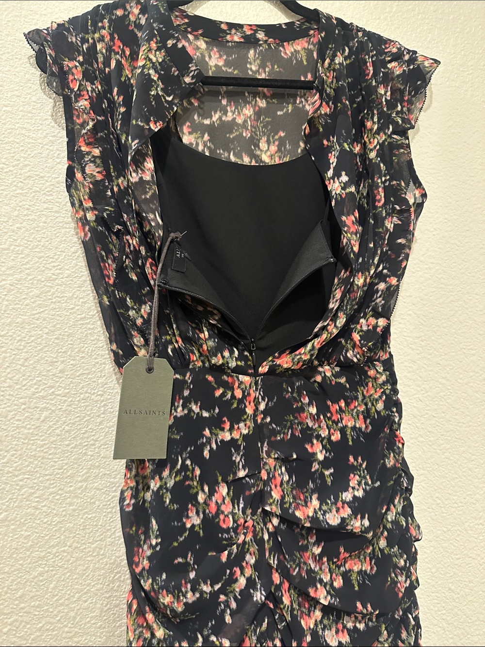 AllSaints NWT Draped Floral Mini Dress Black Silk Blend - Picture 5 of 16